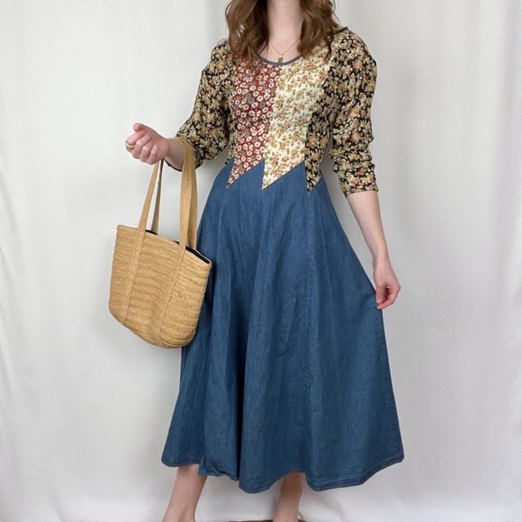 Vintage Dresses & Skirts - Stunning Vintage Cottagecore Patchwork Quilted Denim Midi Maxi Dress 70s 80s 90s